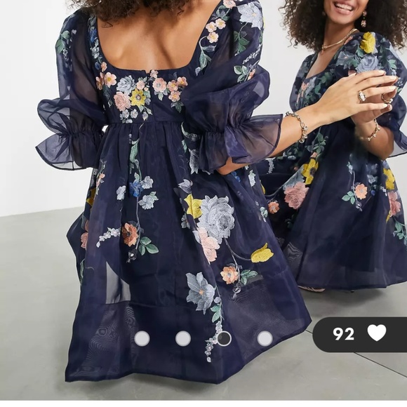 Asos Edition Puff Sleeve Embroidered Navy Mini Dress - Picture 2 of 4